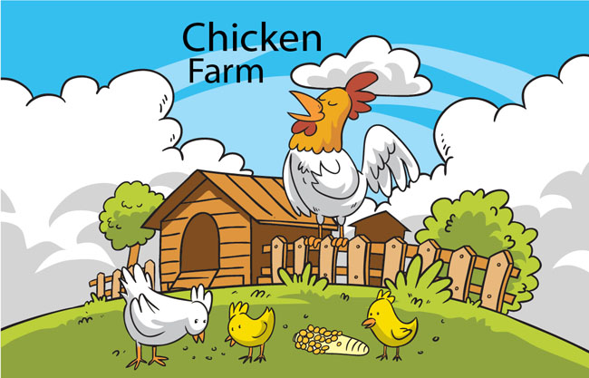鸡场鸡舍元素卡通插图设计素材