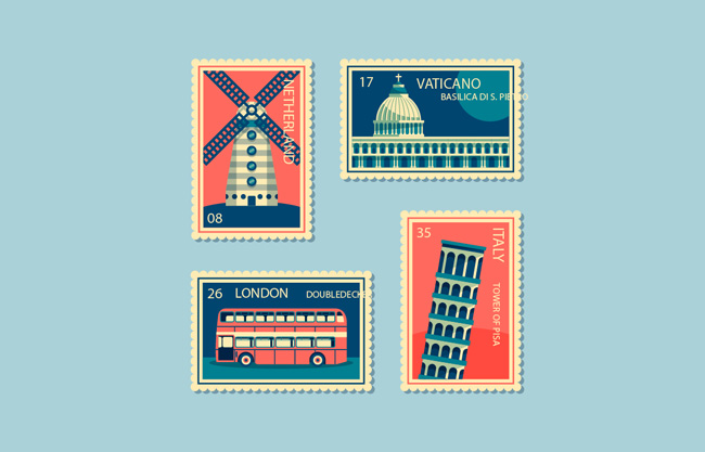 创意环球旅游邮票矢量设计图