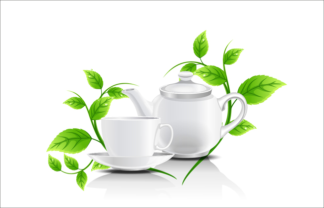 白色茶壶茶杯绿叶素材设计