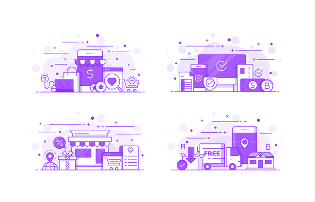 紫色网购购物扁平商务插画设计