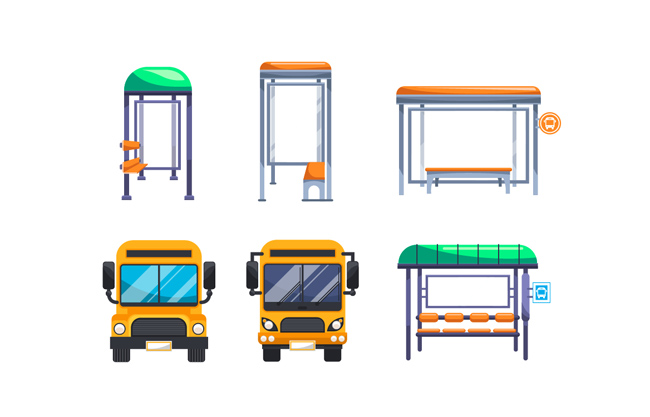公交车和站台扁平化素材设计