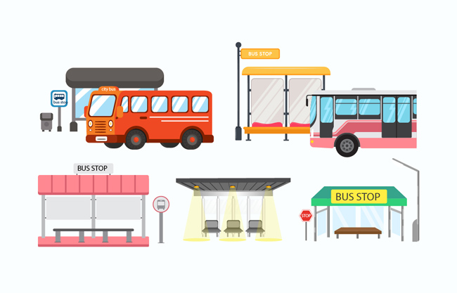 扁平化公交车公交站元素素材设计