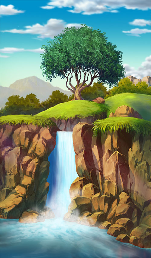 山瀑布流树木下的瀑布ps手绘动画背景