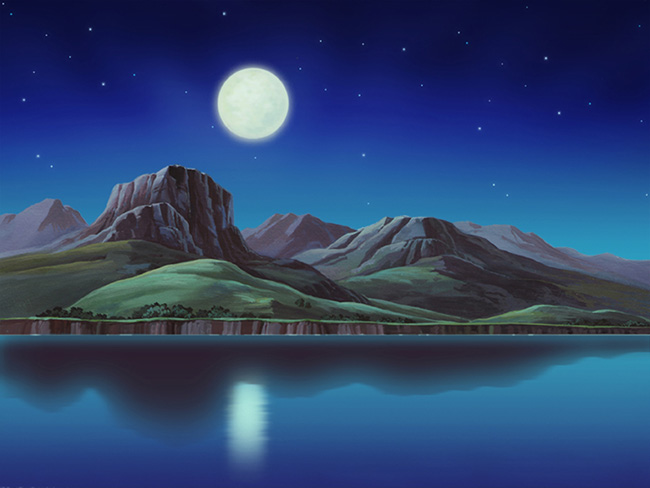 夜晚月亮下的山石与湖面动画背景设计