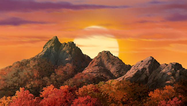 夕阳红红色山脉ps手绘动画背景设计