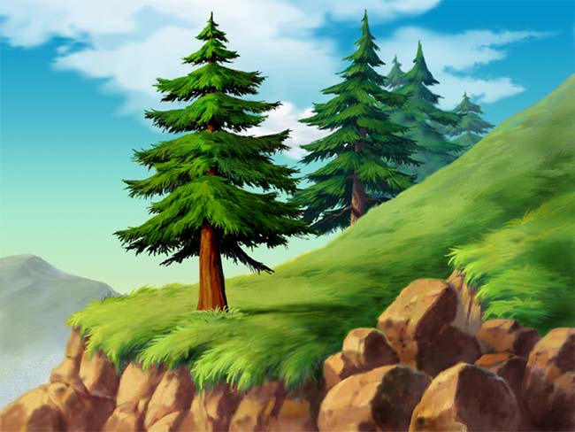 山丘上松树大树动画cg背景设计