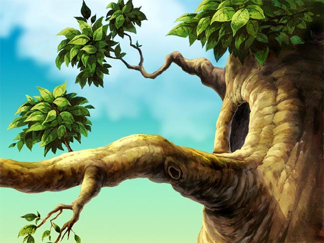 树枝大树上动物的洞穴ps手绘背景设计