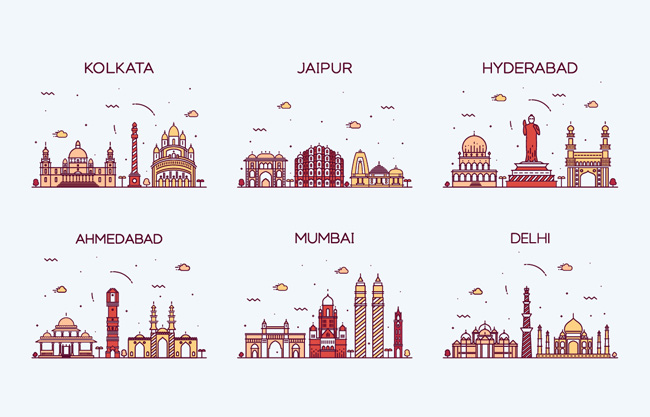 印度城市插画彩色建筑地标mbe矢量插画