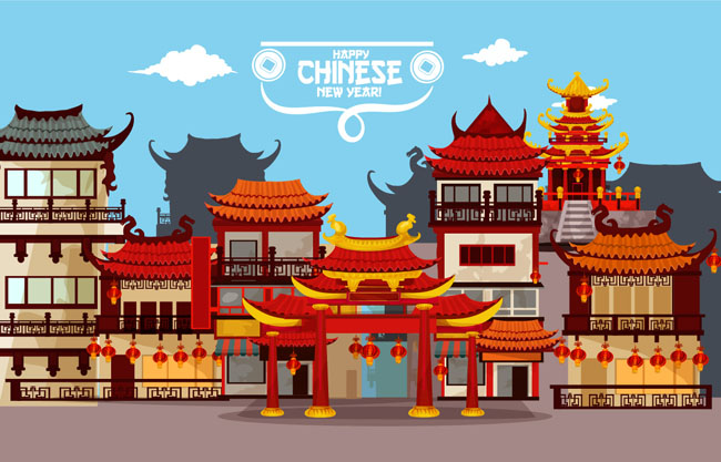 中国风传统建筑插画
