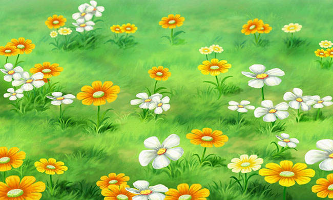 绿色草地上开满了花朵的动画背景参考资料