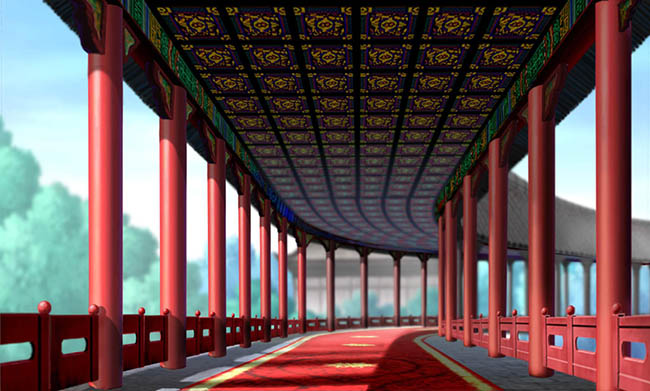 手绘中国古建筑宫廷走廊场景设计素材