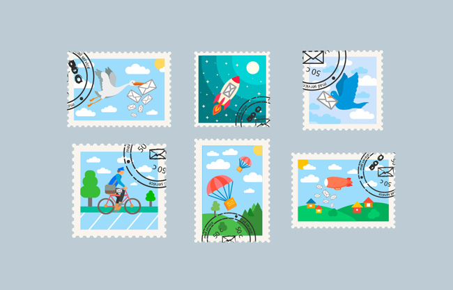 清新盖邮戳的邮票设计矢量素材