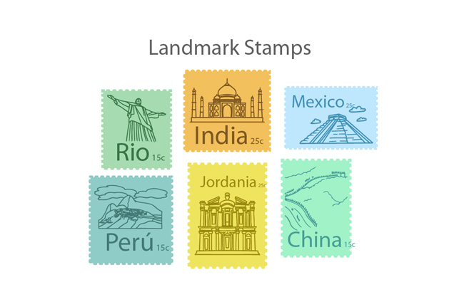 手绘旅游地标邮票矢量素材