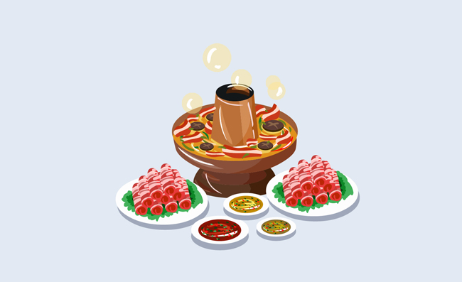 手绘火锅美食红红火火羊肉铜锅涮肉素材