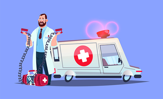 卡通动漫医生站在救护车旁插画背景