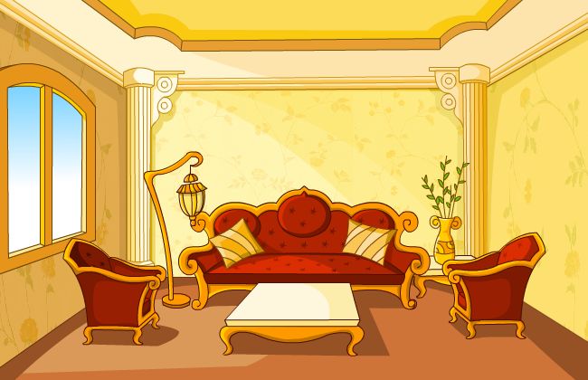 黄色温馨的客厅场景设计矢量素材