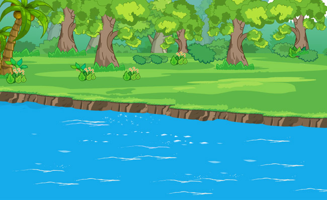 小树林旁湖水动画效果二维场景素材