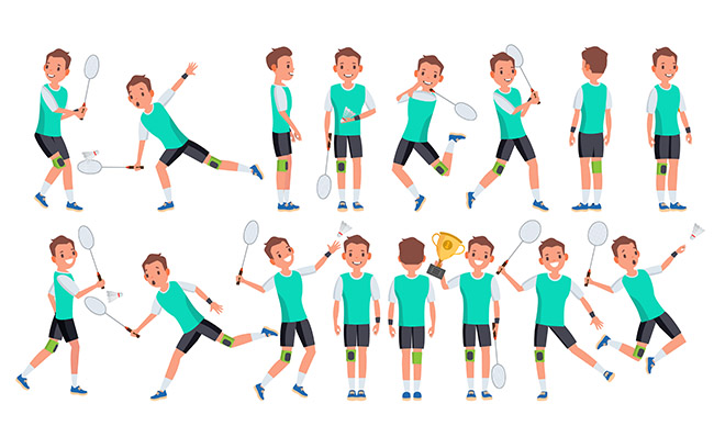 男子羽毛球运动员扁平人物动作分解图