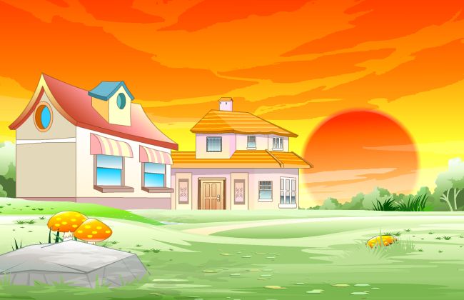东升的太阳下独栋别墅建筑二维动画场景设计