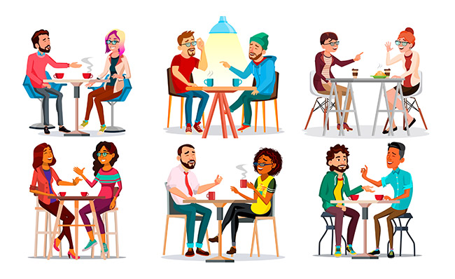 6组2个朋友聚餐表情动作设计插画素材