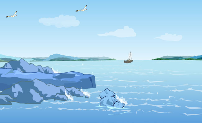 海岸边的风景海浪海鸥手绘二维场景设计
