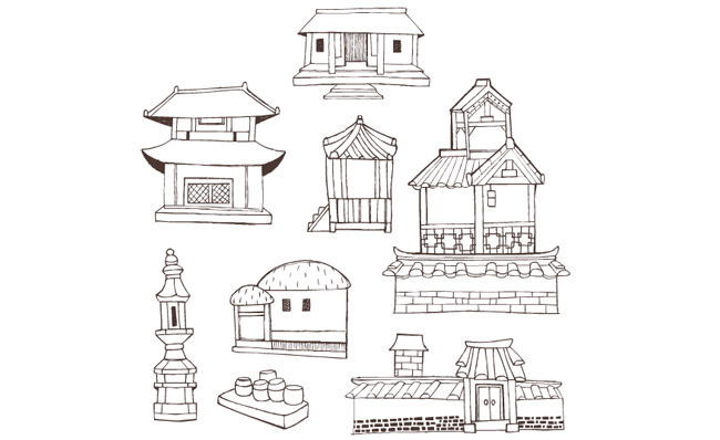 古代建筑物房屋造型手绘风格资料素材