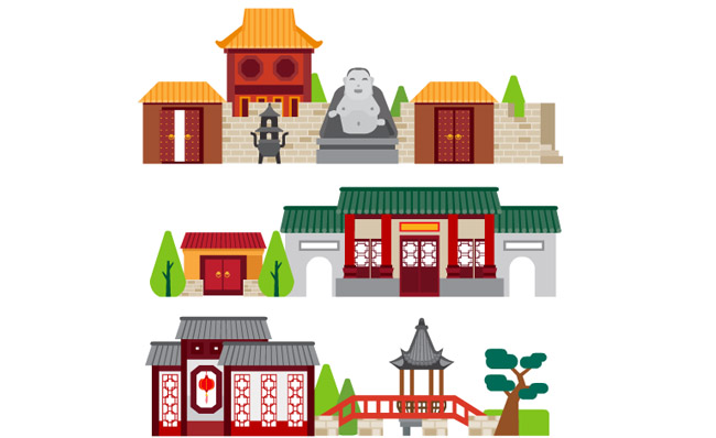 扁平化寺庙建筑中国园林风格建筑背景设计