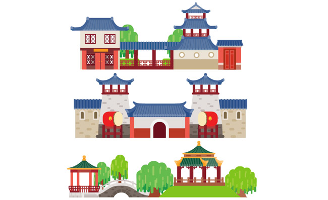 中国古风城楼城墙钟鼓楼扁平化动画背景设计