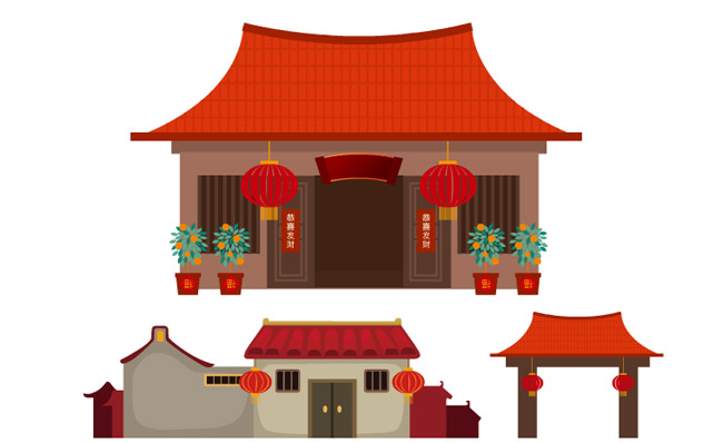 中国古风扁平化农村房屋建筑造型设计素材