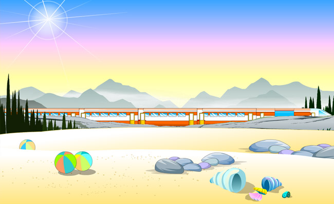 穿过海滩海岸边的地铁高铁线路动漫背景设计