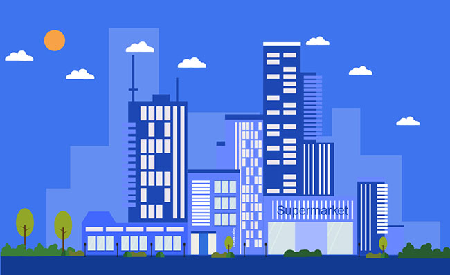 蓝色城市建筑扁平插画矢量素材