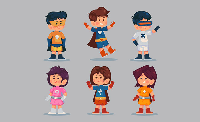 儿童卡通超级英雄装扮人物矢量图