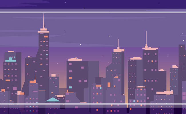 紫色唯美手绘城市建筑插画背景图