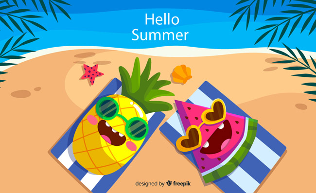 海边度假的卡通菠萝和西瓜矢量图