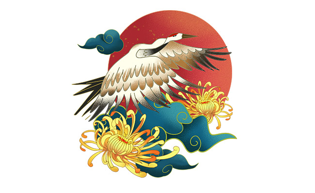 菊花仙鹤创意组合国潮漫画素材
