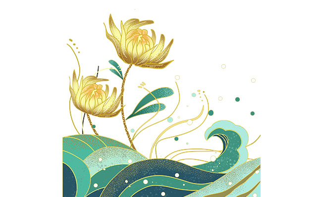 海浪菊花组合创意国风插画背景