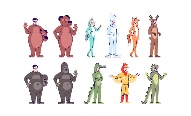 穿着动物熊鳄鱼大猩猩兔子万圣节服装的漫画人物矢量插图