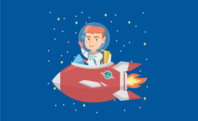 穿着太空服乘坐太空飞船的快乐男孩太空飞船卡通插画