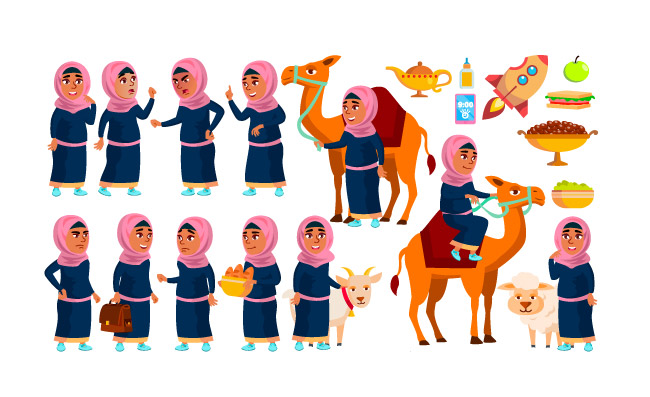 传统服装阿拉伯女子牵着骆驼绵羊山羊女童姿势矢量人物图片