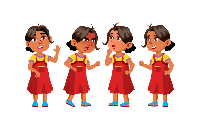 红裙子的小女孩生气幸福享受表情姿势矢量卡通插图