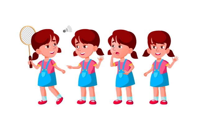 打羽毛球的小孩子矢量儿童女孩不同造型姿势插图素材矢量