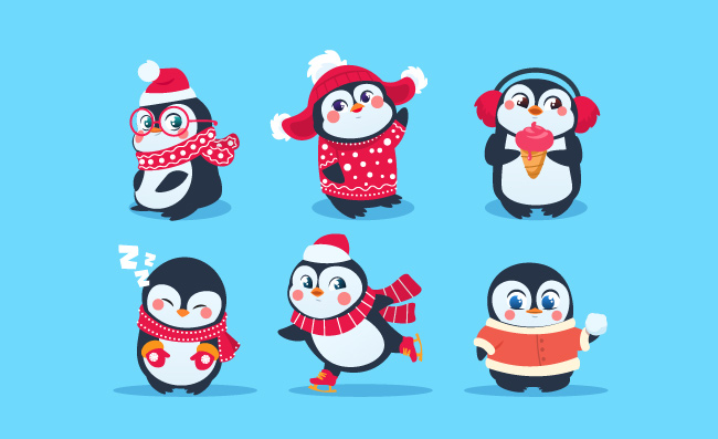 冬天衣服圣诞企鹅人物可爱矢量卡通吉祥物