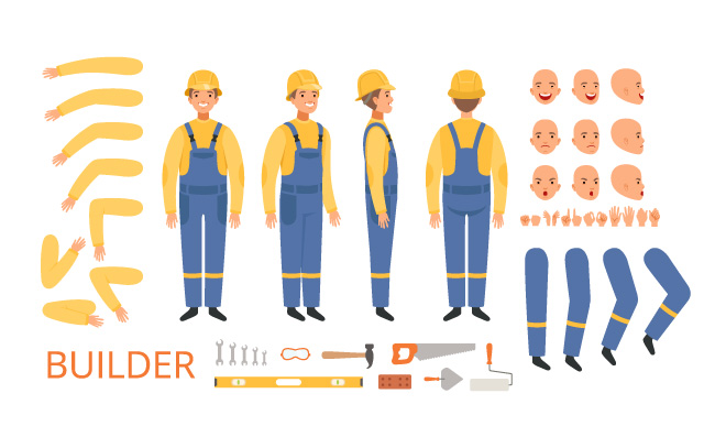 建筑工人工程师或建造者男性角色动画身体部位头部手臂工具元素矢量