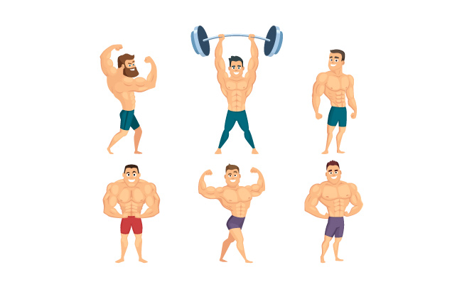 健美的卡通人物健美运动员肌肉摆在不同姿势运动员矢量图