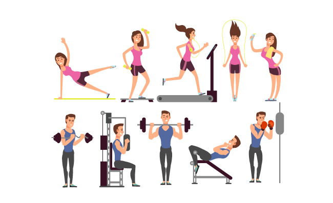 健身房锻炼运动矢量卡通男人女人人物素材