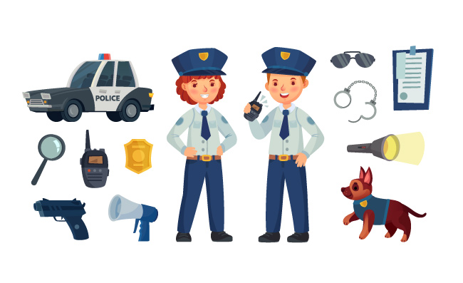 警察男孩女孩巡逻服警车儿童角色扮演安全员警察卡通插图