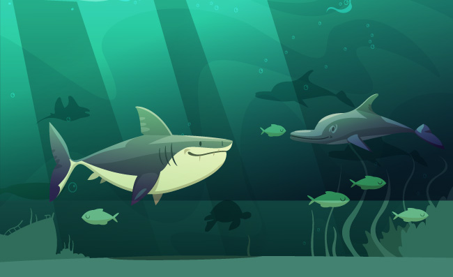 复古卡通海洋生物巨型鲨鱼海豚矢量插图
