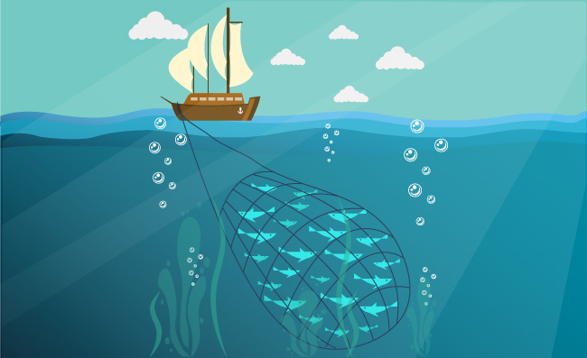 海洋渔船捕鱼插画矢量动物卡通素材