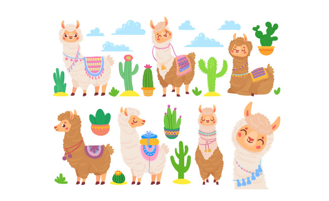 墨西哥羊驼卡通可爱动物沙漠仙人掌矢量图片