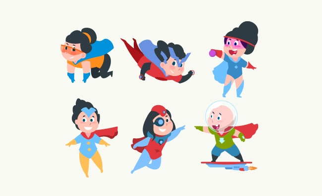 可爱的超级英雄孩子男孩和女孩超人服装矢量图片